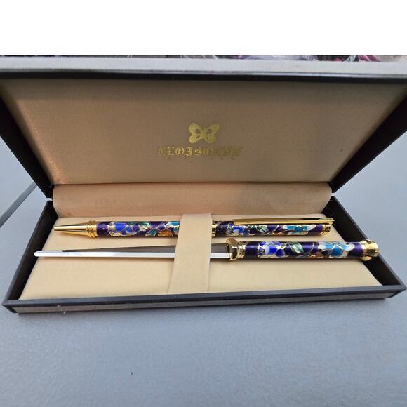 Vintage Cloisonne Pen & Letter Opener Refillable Set in Original Box NIB - Picture 5 of 5